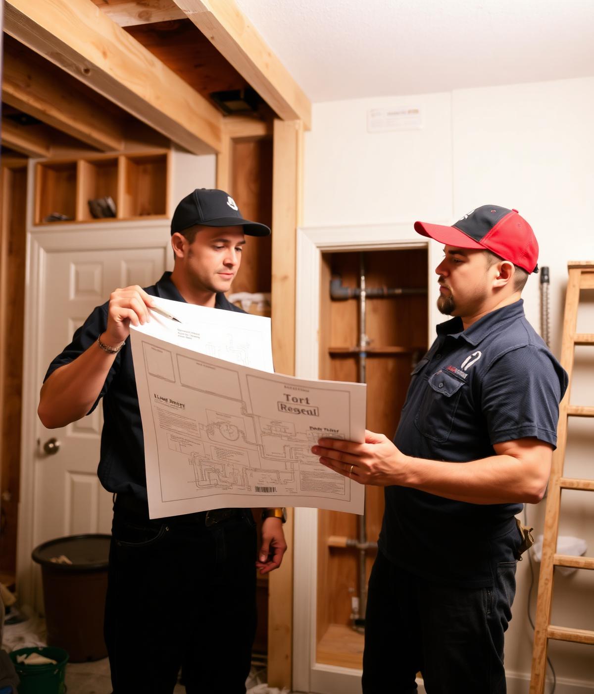 AquaTech Piping technicians reviewing a whole-home repiping plan